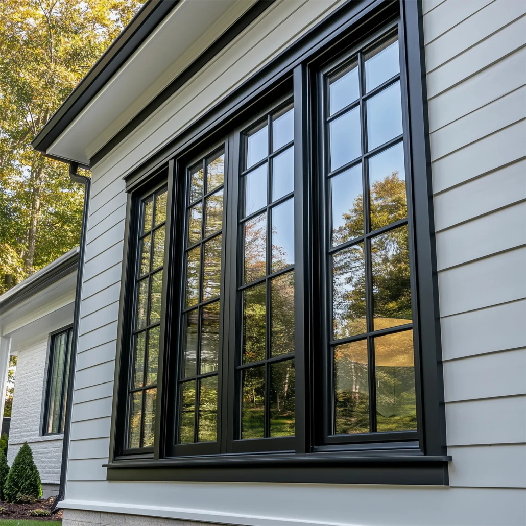 Black replacement windows on white home exterior