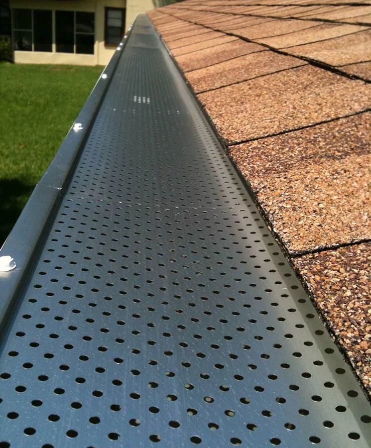 Stainless steel perforated leaf guard on gutter